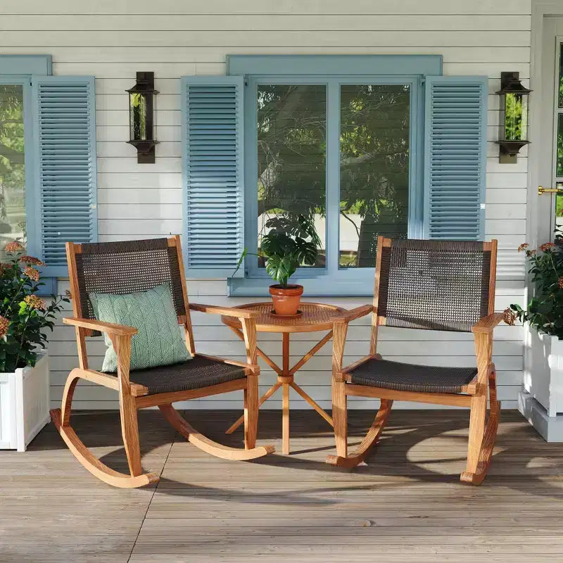 GDFStudio Antonio Patio Modern Acacia Wood Rocking Chair with Wicker Back and Seat (Set of 2)