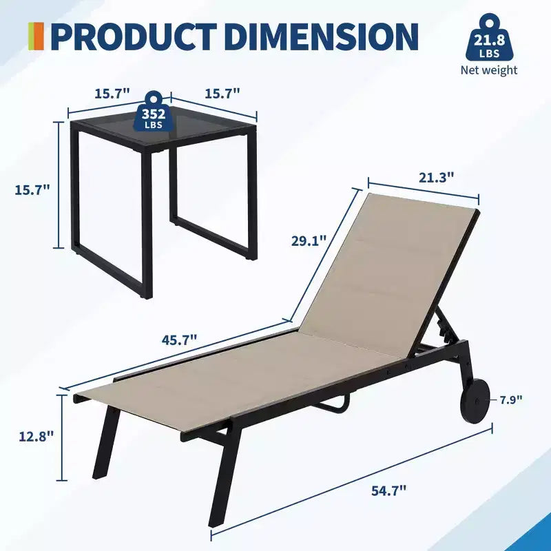 Lot de 3 chaises longues d'extérieur GustoWave, dossier réglable sur 5 positions, avec roulettes et table d'appoint pour patio, bord de piscine et plage