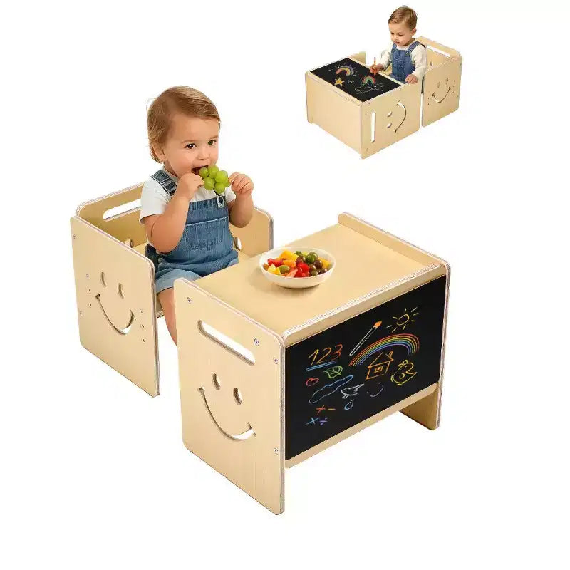 3-in-1 Montessori Kids Table and Chair Set with Chalkboard Adjustable Height Natural