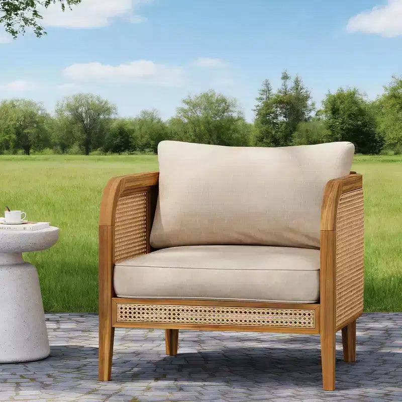 Acacia Wood Outdoor Club Chair Patio Arm Chair with Rattan Accents & Cushion, Bohemian & Mid-Century Modern Style (Set of 1/2/4) - ModernLuxe