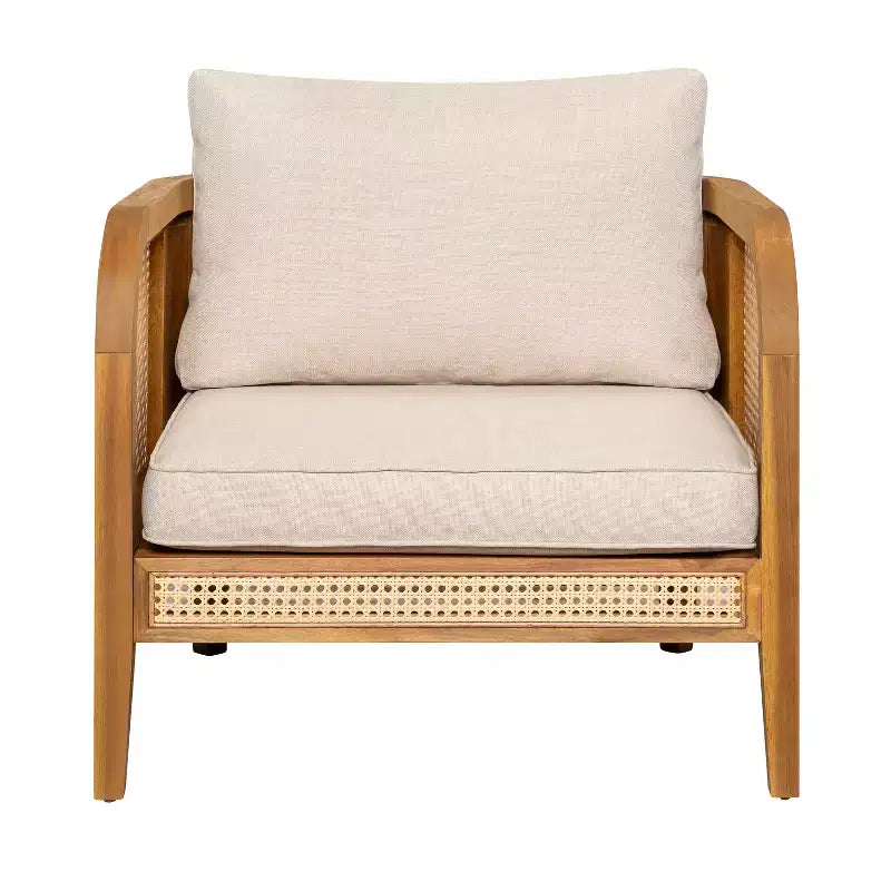 Fauteuil de jardin en bois d'acacia avec accents en rotin et coussin, style bohème et mid-century moderne (Lot de 1/2/4) - ModernLuxe