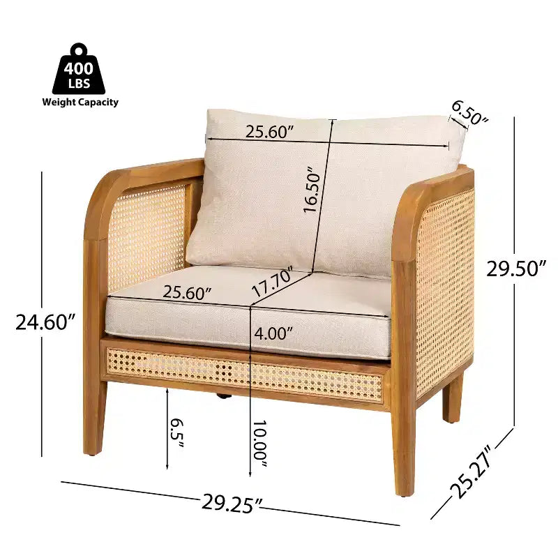 Fauteuil de jardin en bois d'acacia avec accents en rotin et coussin, style bohème et mid-century moderne (Lot de 1/2/4) - ModernLuxe