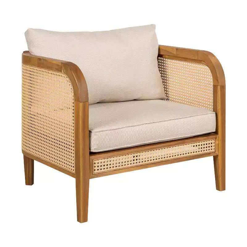 Fauteuil de jardin en bois d'acacia avec accents en rotin et coussin, style bohème et mid-century moderne (Lot de 1/2/4) - ModernLuxe