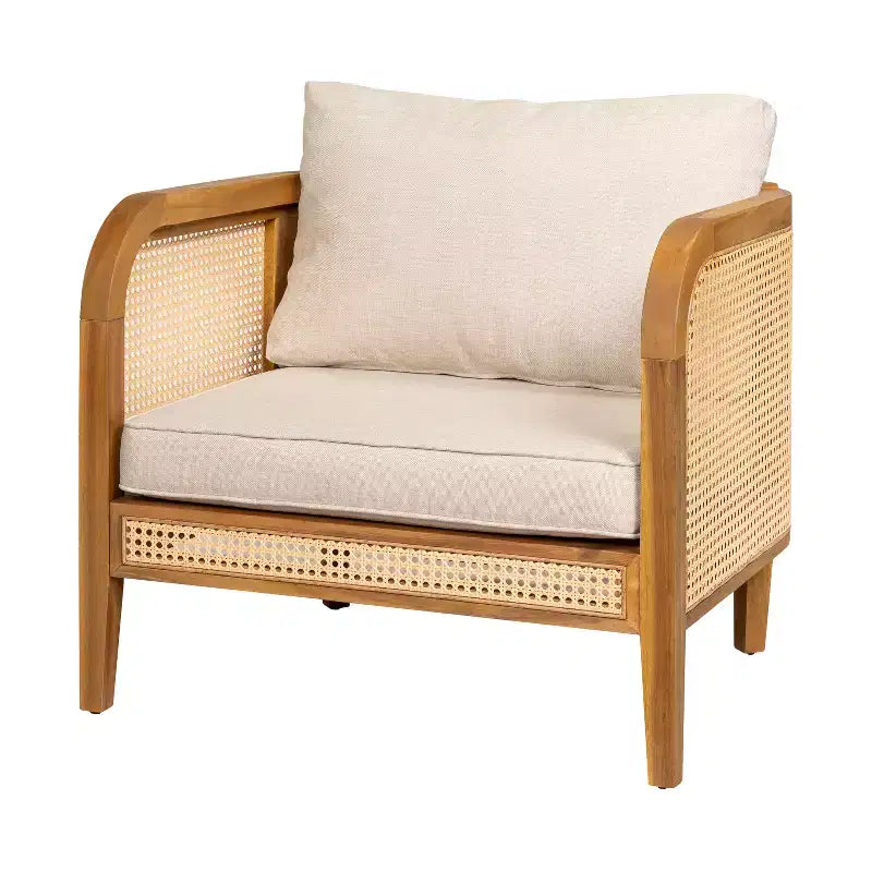 Fauteuil de jardin en bois d'acacia avec accents en rotin et coussin, style bohème et mid-century moderne (Lot de 1/2/4) - ModernLuxe
