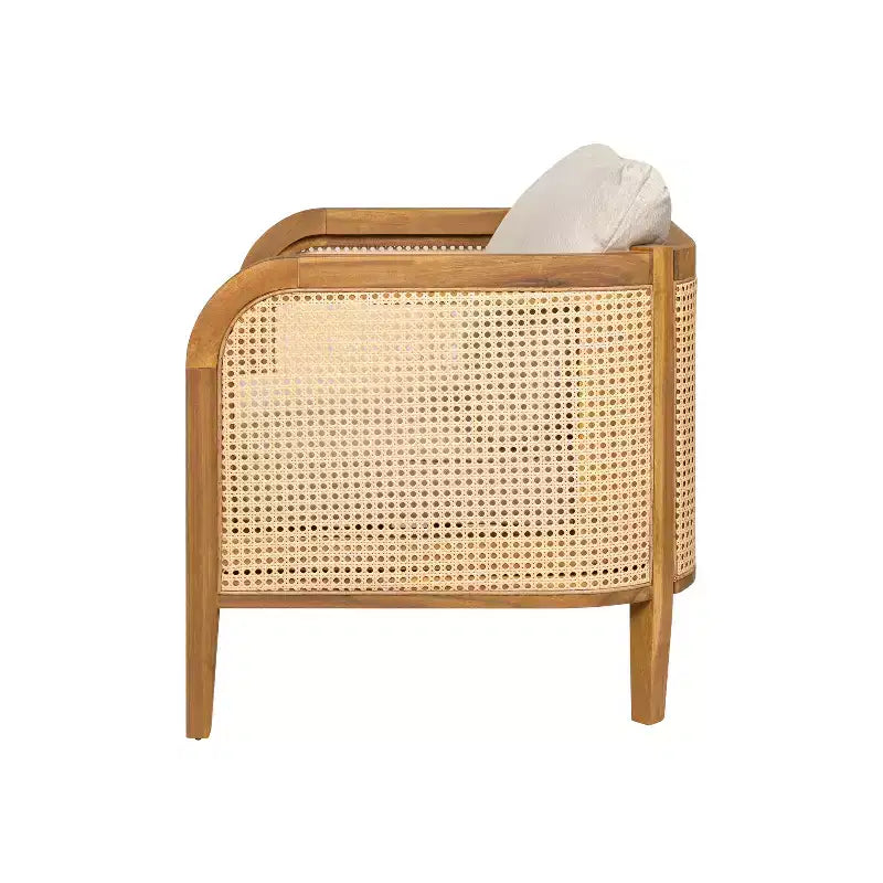 Fauteuil de jardin en bois d'acacia avec accents en rotin et coussin, style bohème et mid-century moderne (Lot de 1/2/4) - ModernLuxe