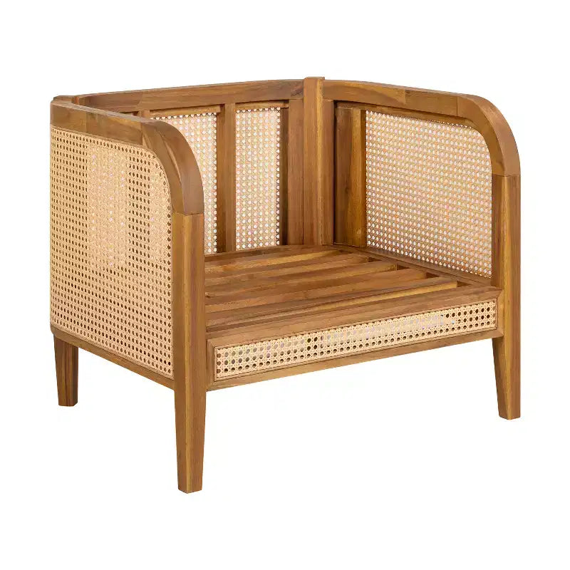 Fauteuil de jardin en bois d'acacia avec accents en rotin et coussin, style bohème et mid-century moderne (Lot de 1/2/4) - ModernLuxe