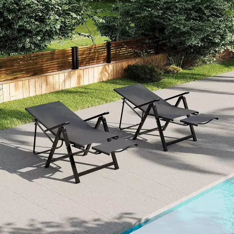 Acekool Patio Folding Chairs Set of 2, Outdoor Reclining Chairs with Armrests and Footrest, Portable Lounge for Garden, Backyard, Poolside, Balcony