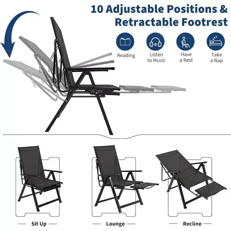 Acekool Lot de 2 chaises pliantes de terrasse, chaises longues d'extérieur avec accoudoirs et repose-pieds, transat portable pour jardin, arrière-cour, bord de piscine, balcon