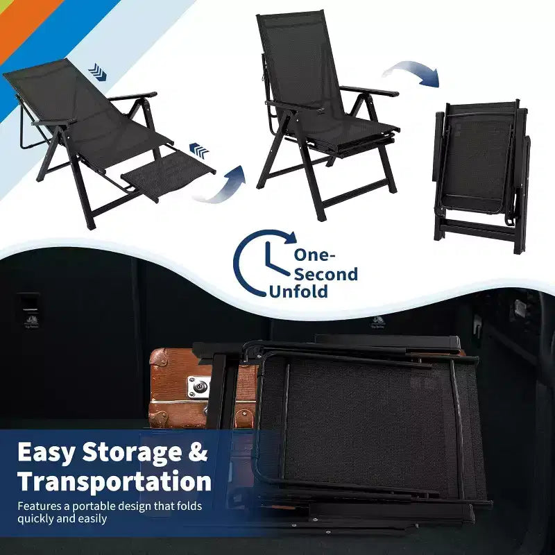 Acekool Lot de 2 chaises pliantes de terrasse, chaises longues d'extérieur avec accoudoirs et repose-pieds, transat portable pour jardin, arrière-cour, bord de piscine, balcon