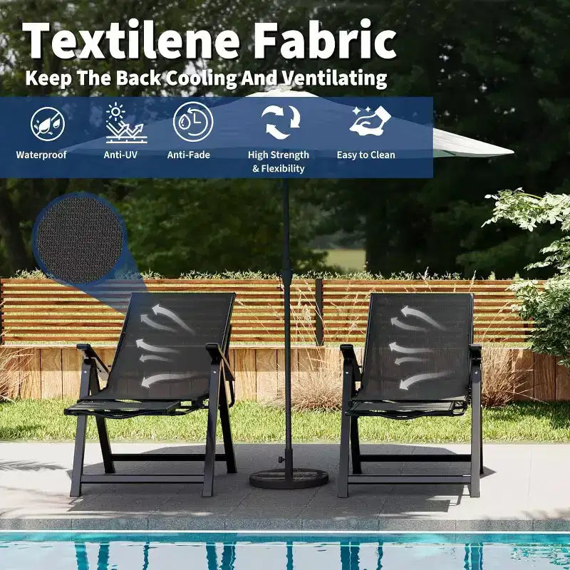 Acekool Lot de 2 chaises pliantes de terrasse, chaises longues d'extérieur avec accoudoirs et repose-pieds, transat portable pour jardin, arrière-cour, bord de piscine, balcon