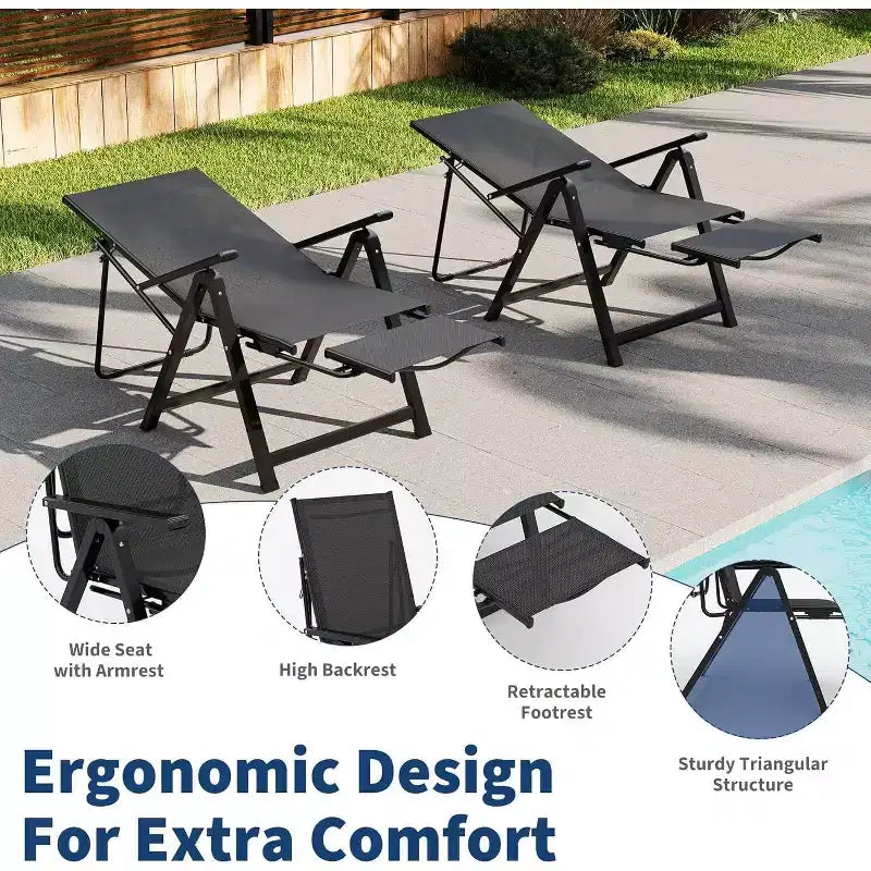 Acekool Lot de 2 chaises pliantes de terrasse, chaises longues d'extérieur avec accoudoirs et repose-pieds, transat portable pour jardin, arrière-cour, bord de piscine, balcon