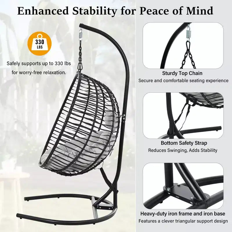 Chaise œuf pliante individuelle Whisen avec support, balançoire suspendue avec pieds antidérapants réglables