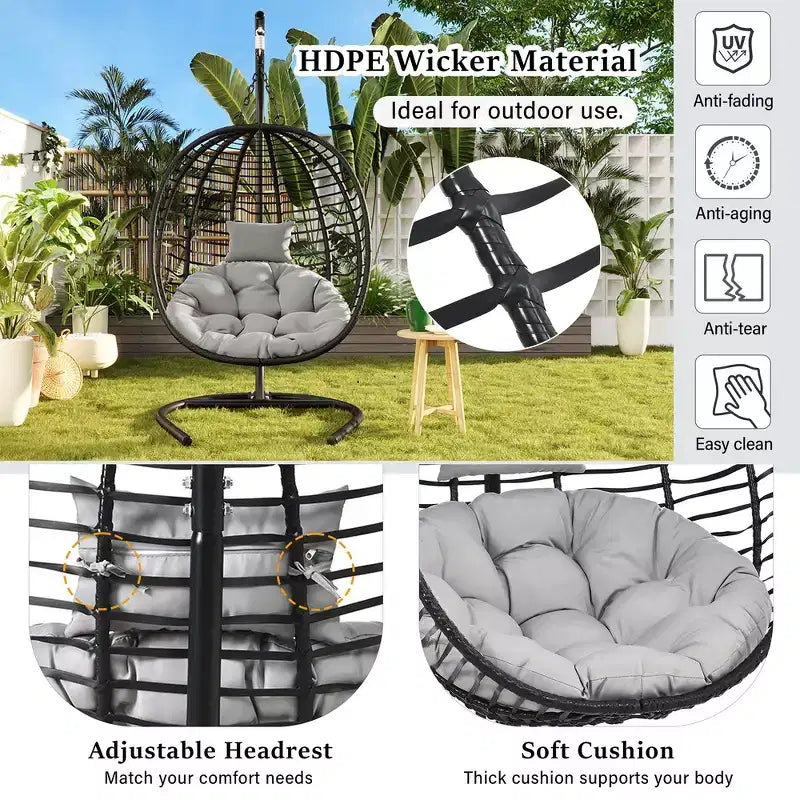 Chaise œuf pliante individuelle Whisen avec support, balançoire suspendue avec pieds antidérapants réglables