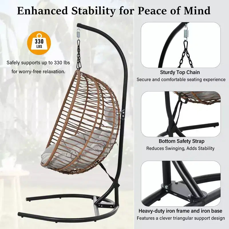 Chaise œuf pliante individuelle Whisen avec support, balançoire suspendue avec pieds antidérapants réglables