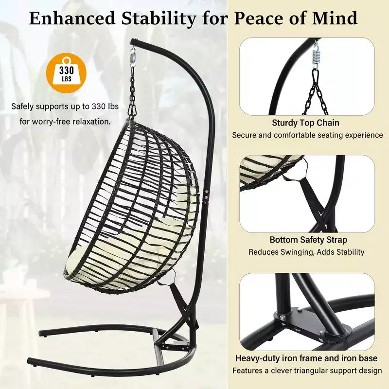 Chaise œuf pliante individuelle Whisen avec support, balançoire suspendue avec pieds antidérapants réglables