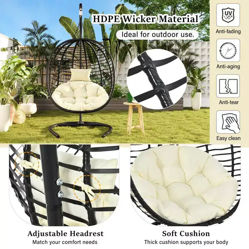 Chaise œuf pliante individuelle Whisen avec support, balançoire suspendue avec pieds antidérapants réglables