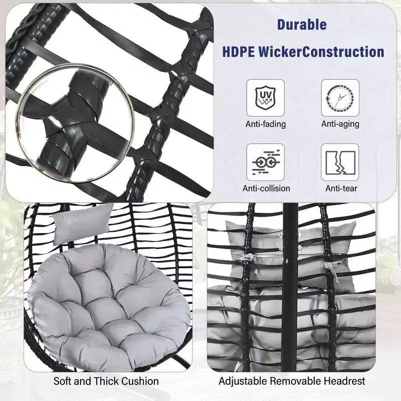 Chaise hamac suspendue Whisen avec support, chaise balançoire œuf avec cadre en fer, coussin et appui-tête