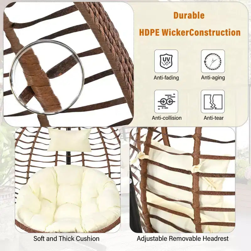 Chaise hamac suspendue Whisen avec support, chaise balançoire œuf avec cadre en fer, coussin et appui-tête