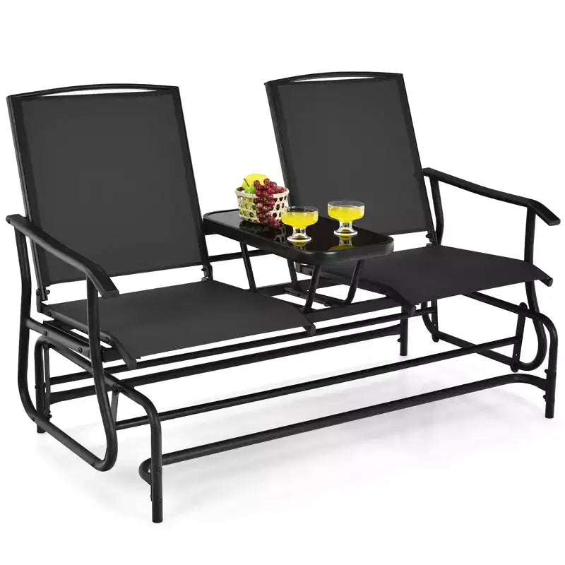 Gymax 2-Person Outdoor Glider Bench with Center Glass Table Patio Swing Lounge Chair Garden Loveseat Rocker Black