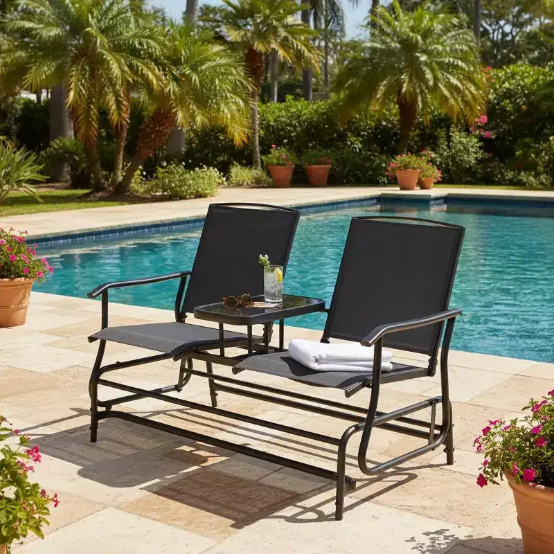 Balançoire de patio à bascule Gymax pour 2 personnes, avec table centrale en verre, causeuse de jardin noire