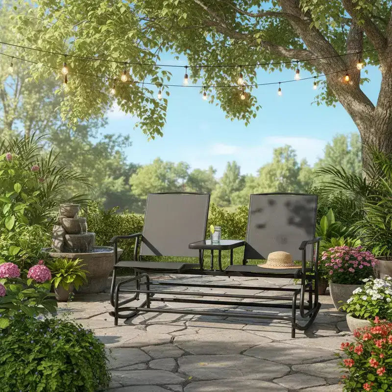 Balançoire de patio à bascule Gymax pour 2 personnes, avec table centrale en verre, causeuse de jardin noire
