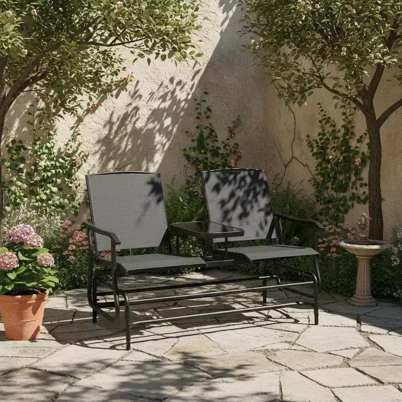Balançoire de patio à bascule Gymax pour 2 personnes, avec table centrale en verre, causeuse de jardin noire