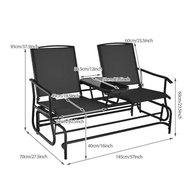Balançoire de patio à bascule Gymax pour 2 personnes, avec table centrale en verre, causeuse de jardin noire