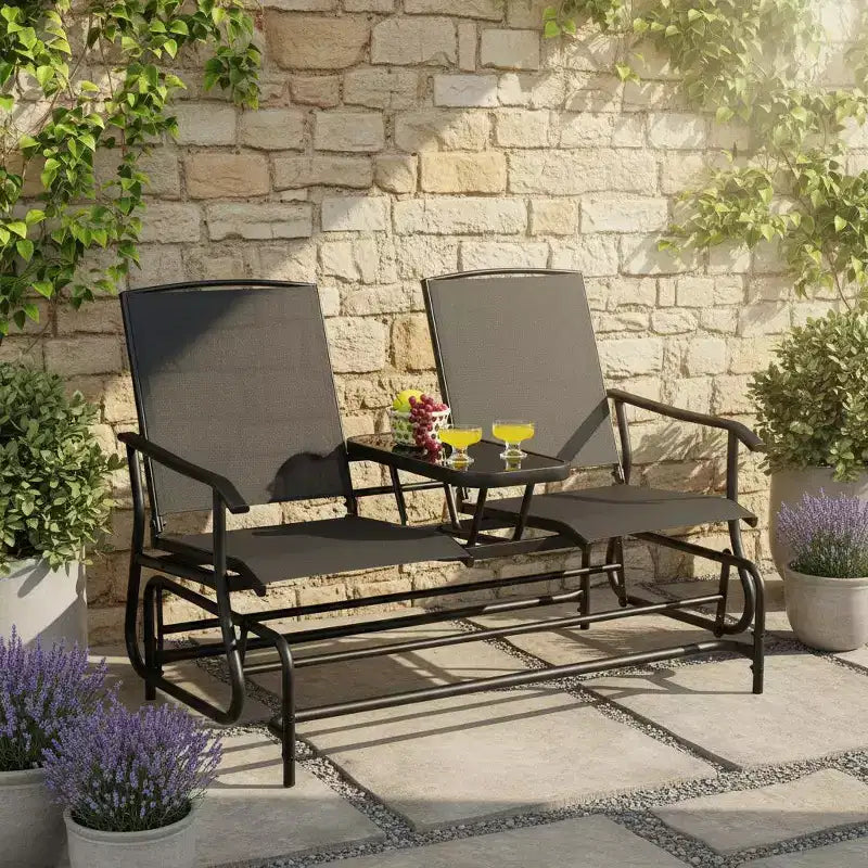 Balançoire de patio à bascule Gymax pour 2 personnes, avec table centrale en verre, causeuse de jardin noire