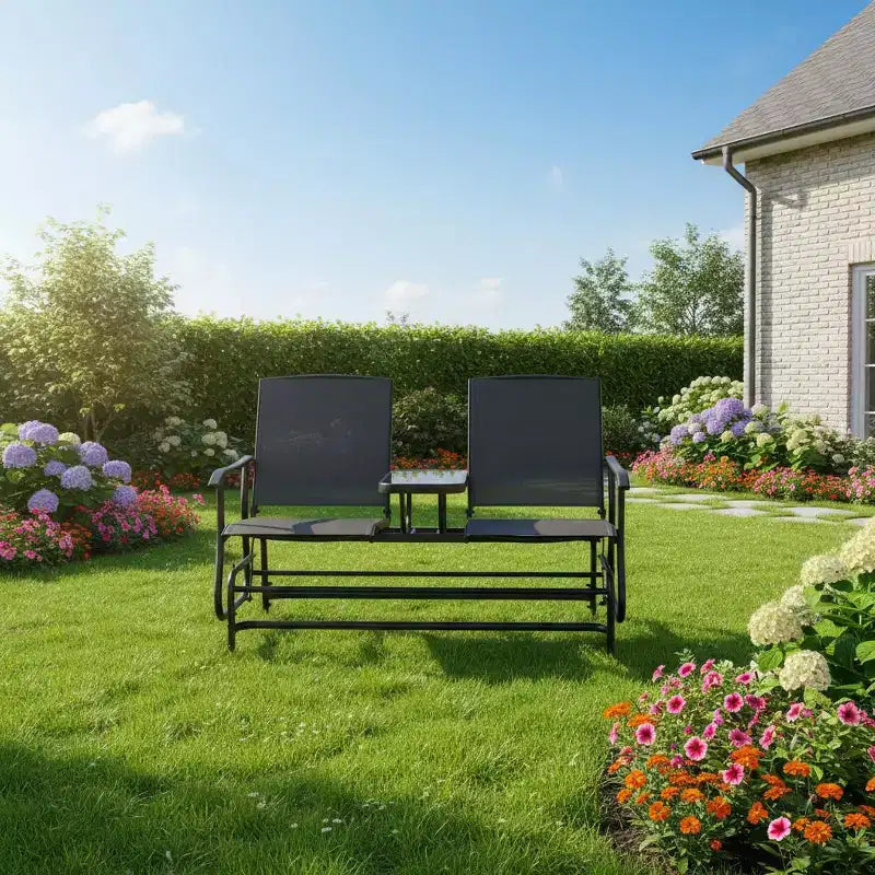 Balançoire de patio à bascule Gymax pour 2 personnes, avec table centrale en verre, causeuse de jardin noire