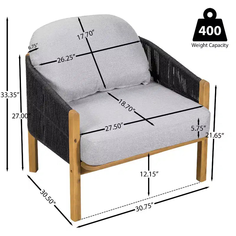Fauteuil de jardin ModernLuxe en corde, fauteuil de terrasse moderne, avec cadre en bois d'acacia résistant aux intempéries et coussin (Lot de 1/2)
