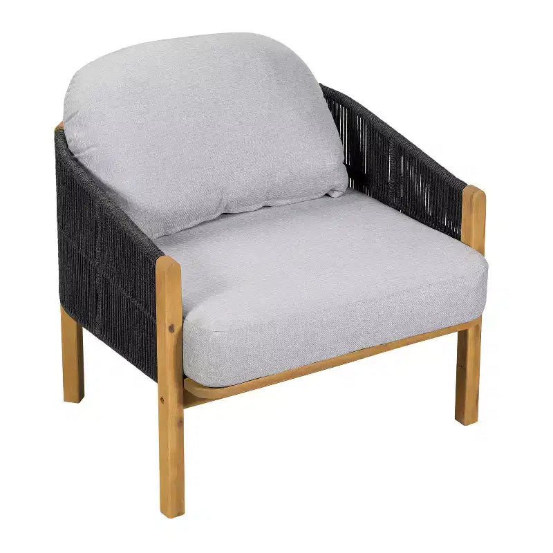 Fauteuil de jardin ModernLuxe en corde, fauteuil de terrasse moderne, avec cadre en bois d'acacia résistant aux intempéries et coussin (Lot de 1/2)