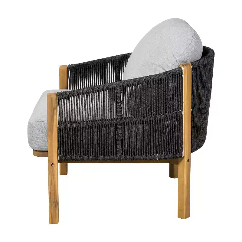 Fauteuil de jardin ModernLuxe en corde, fauteuil de terrasse moderne, avec cadre en bois d'acacia résistant aux intempéries et coussin (Lot de 1/2)