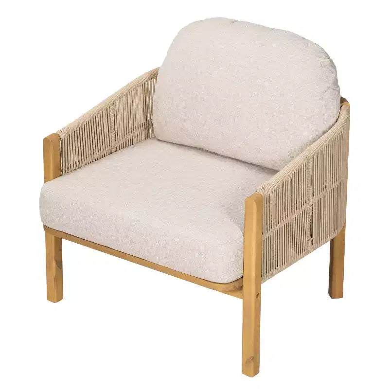 Fauteuil de jardin ModernLuxe en corde, fauteuil de terrasse moderne, avec cadre en bois d'acacia résistant aux intempéries et coussin (Lot de 1/2)