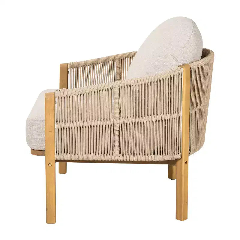 Fauteuil de jardin ModernLuxe en corde, fauteuil de terrasse moderne, avec cadre en bois d'acacia résistant aux intempéries et coussin (Lot de 1/2)