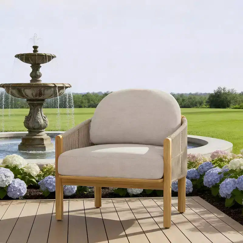 ModernLuxe Outdoor Rope Club Chair Patio Armchair Modern Accent Chair, Weather-Resistant Acacia Wood Frame & Cushion (Set of 1/2)