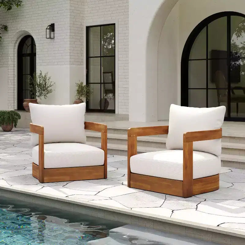 Set of 2 Premium Acacia Wood Outdoor Club Chairs with Curved Tub Design, Water-Resistant Cushions