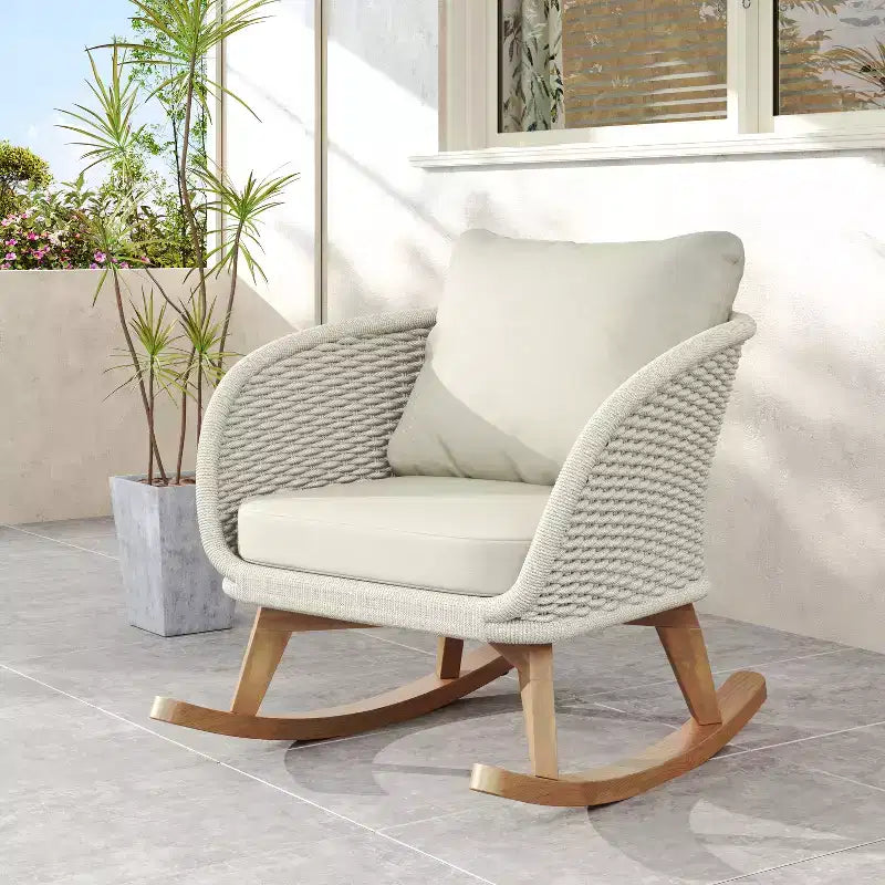 Contemporary Minimalist Beige Wicker Rocking Chair with Soft Cushions, for Patio or Balcony