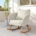 Contemporary Minimalist Beige Wicker Rocking Chair with Soft Cushions, for Patio or Balcony