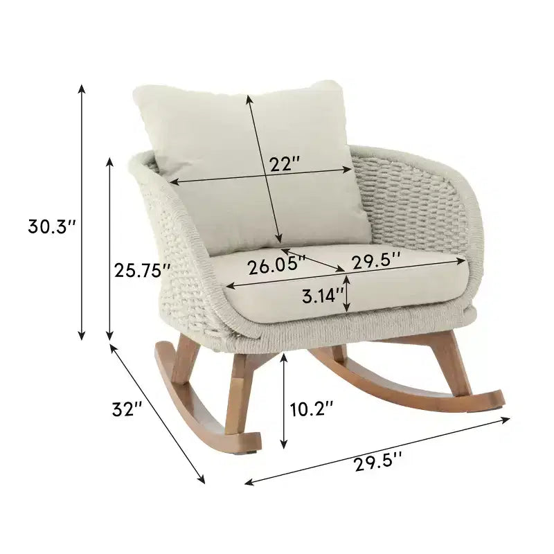Fauteuil à bascule contemporain minimaliste en osier beige avec coussins moelleux, pour patio ou balcon