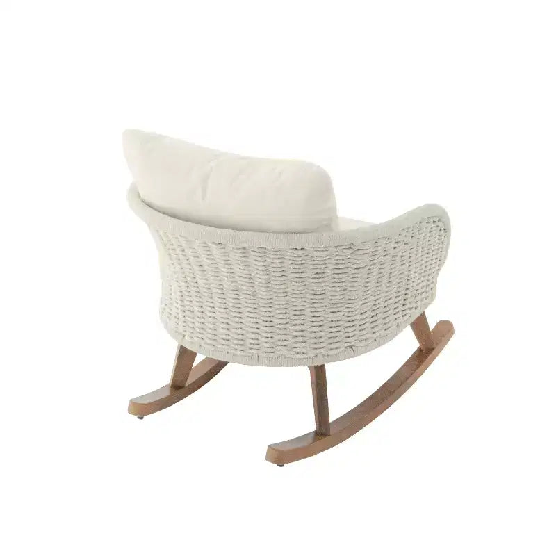 Fauteuil à bascule contemporain minimaliste en osier beige avec coussins moelleux, pour patio ou balcon