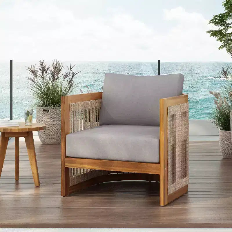 Premium Acacia Wood Outdoor Club Chair with Curved Tub Design and Woven Rope, for Garden