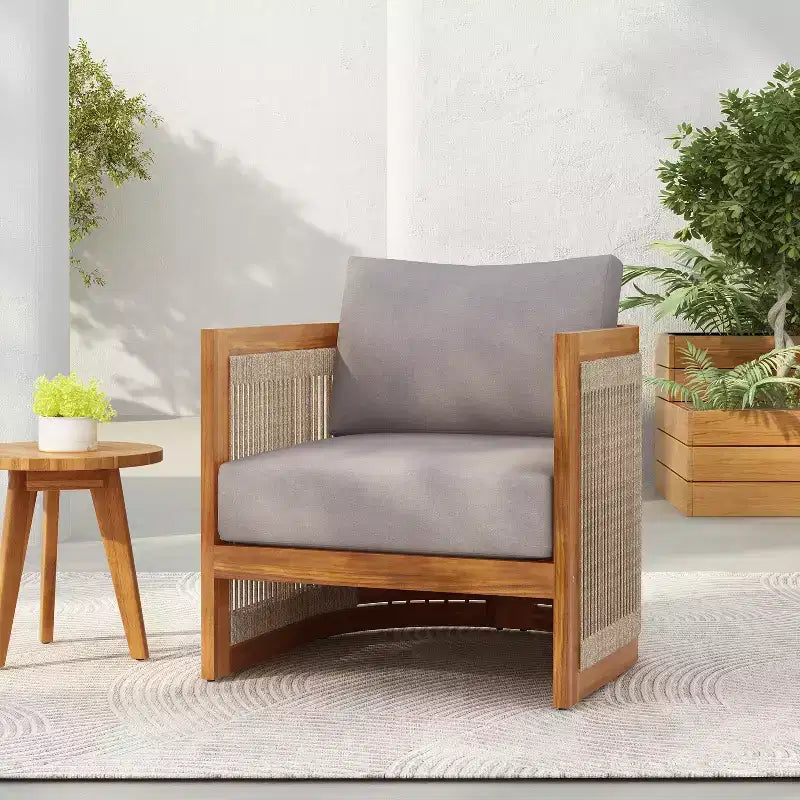 Fauteuil de jardin haut de gamme en bois d'acacia avec design incurvé et corde tressée, pour jardin