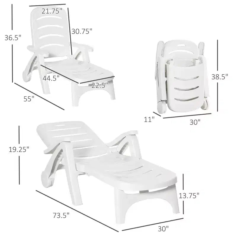 Outdoor Chaise Lounge, 5 Level Adjustable Backrest Lounge Chair with Wheels, Folding Tanning Chair for Pool, Beach, Patio, Garden, White