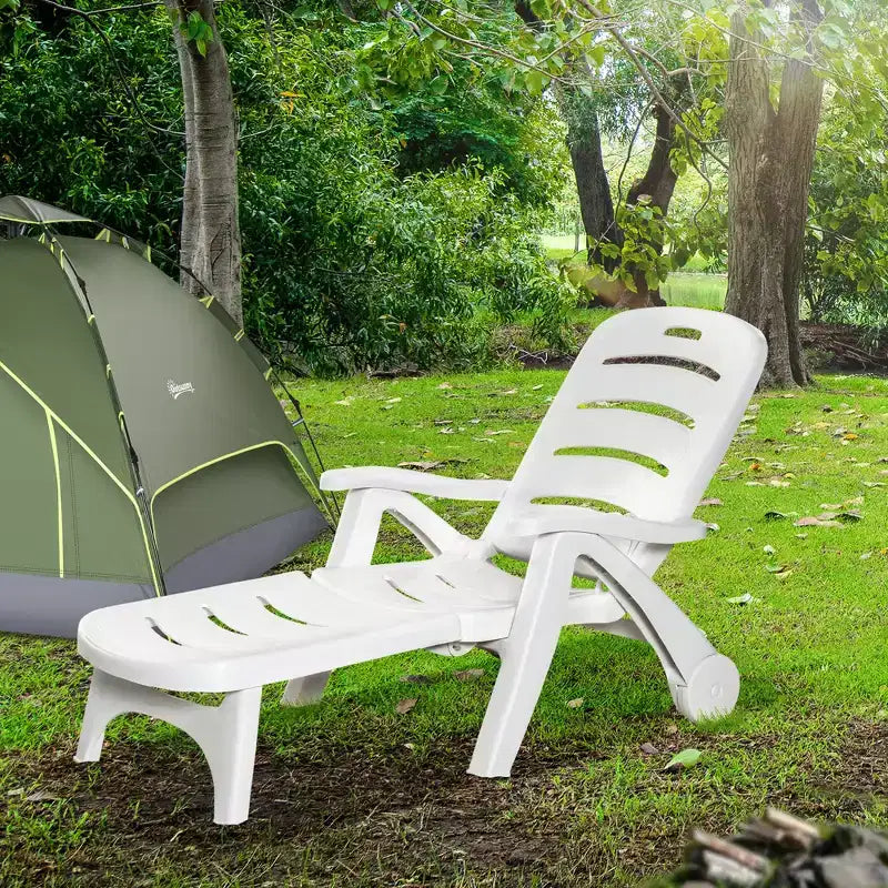 Chaise longue d'extérieur, chaise longue à dossier réglable sur 5 niveaux avec roues, chaise longue pliante pour piscine, plage, patio, jardin, blanche