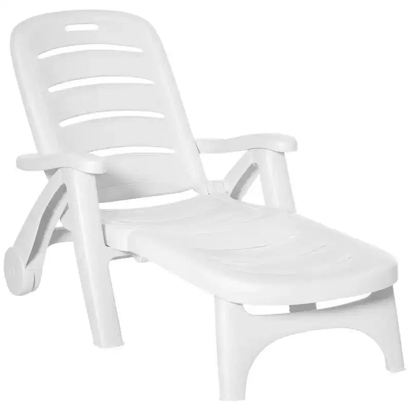 Chaise longue d'extérieur, chaise longue à dossier réglable sur 5 niveaux avec roues, chaise longue pliante pour piscine, plage, patio, jardin, blanche