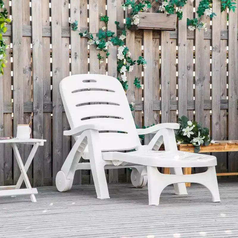 Chaise longue d'extérieur, chaise longue à dossier réglable sur 5 niveaux avec roues, chaise longue pliante pour piscine, plage, patio, jardin, blanche
