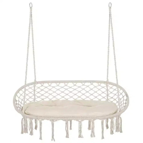 2-Person Hammock Chair Macrame Swing with Soft Cushion, Hanging Cotton Rope Chair for Indoor Outdoor Home Patio Backyard, White