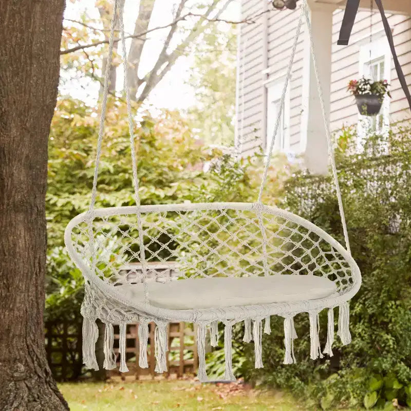Fauteuil suspendu 2 places en macramé avec coussin moelleux, balançoire en coton tressé pour intérieur, extérieur, terrasse, jardin, blanc