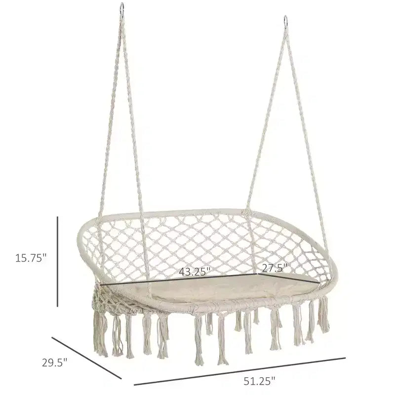 Fauteuil suspendu 2 places en macramé avec coussin moelleux, balançoire en coton tressé pour intérieur, extérieur, terrasse, jardin, blanc