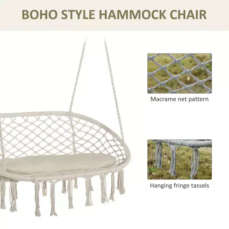 Fauteuil suspendu 2 places en macramé avec coussin moelleux, balançoire en coton tressé pour intérieur, extérieur, terrasse, jardin, blanc
